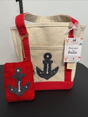 Handcrafted In India | Mini Canvas Tote w/ Beaded Anchor & Matching Wallet ⚓️